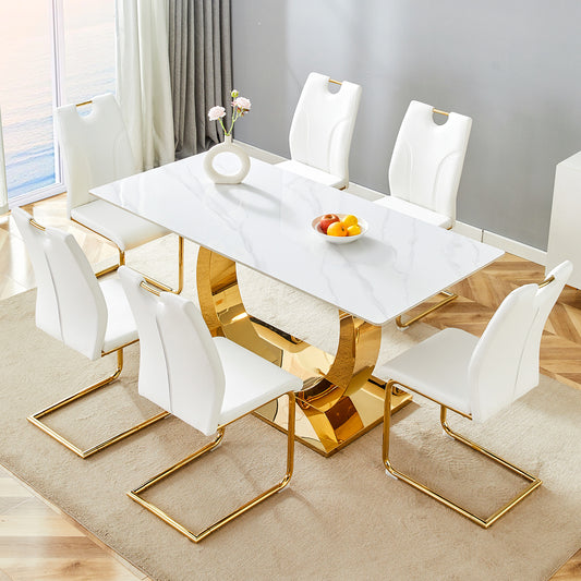 Table and chair set.63x31.5-inch Sintered Stone Table.Paired with 6 Uniquely designed white dining chairs with Golden Metal Leg.Modern Snow Mountain Stone White Design TableTop,Golden metal legs.