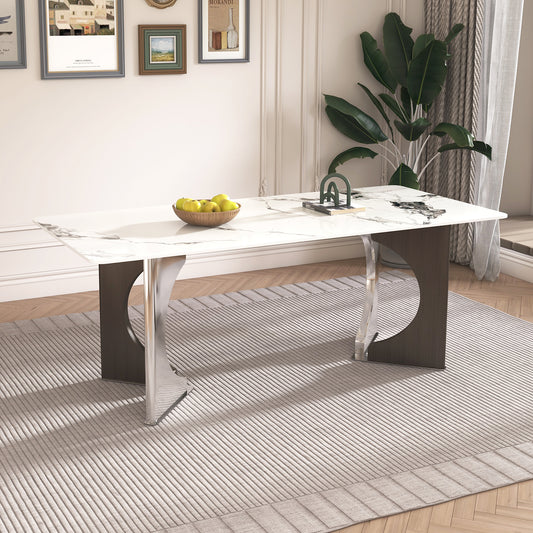 Marble Dining Table for 6-8, 79' Modern Luxury Dining Room Table for Kitchen, Carrara Gold Rectangular Table with Stainless Steel Base (Only Table)