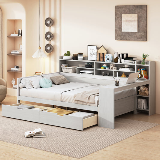 Wooden Full Size Daybed with Storage Shelves, Multi-functional Bed with Two Storage Drawers and  Study Desk, Antique White (Old SKU: HL000089AAK)