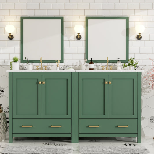 60' Green Bathroom Vanity Set with Double Vanities (Separate), Double Ceramic Sinks, Storage Shelf, and Divided Drawers  (Mirror not included)– Modern Bathroom Solution for Spacious Bathrooms