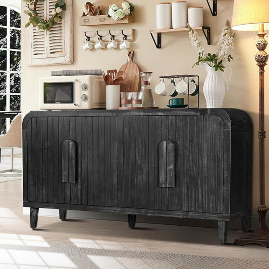 59'' Farmhouse Curved Vintage Storage  Sideboard with  Large Wooden Handles, Vertical Wood Grain Carving and Adjustable Shelves  for Kitchen,Dining Room (Antique Black)