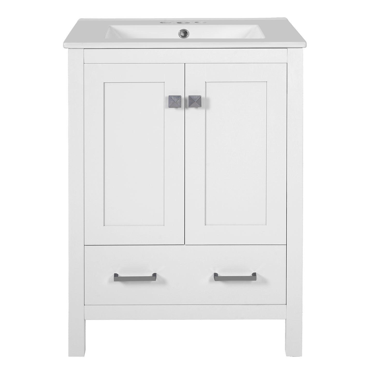 24-inch White Bathroom Vanity with Integrated Undermount Ceramic Sink, Soft-Close Doors, 2 Doors 1 Drawer Storage, Solid Wood Frame, MDF Panels, Painted Finish