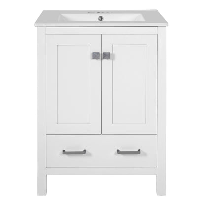 24-inch White Bathroom Vanity with Integrated Undermount Ceramic Sink, Soft-Close Doors, 2 Doors 1 Drawer Storage, Solid Wood Frame, MDF Panels, Painted Finish