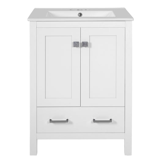 24-inch White Bathroom Vanity with Integrated Undermount Ceramic Sink, Soft-Close Doors, 2 Doors 1 Drawer Storage, Solid Wood Frame, MDF Panels, Painted Finish