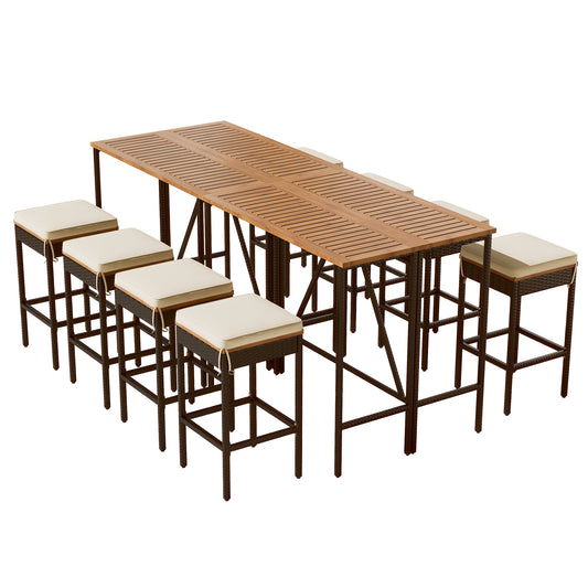 10-Piece Outdoor Acacia Wood Set with Bar Height Table And 8 Stool