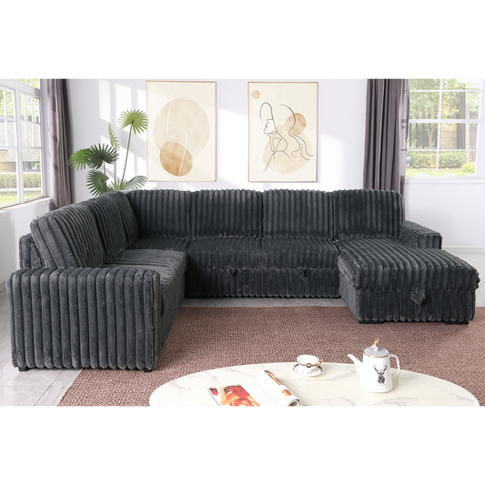 122 Inch Pull Out Couch, Rabbit plush Fabric Sofa Bed Ports & Comfy Upholstered, Oversized U Shape Sectional Sleeper Sofa Bed with Storage Chaise,Dark gray