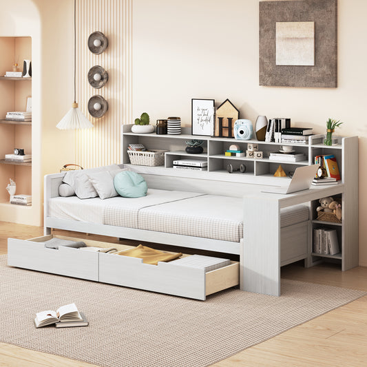 Wooden Twin Size Daybed with Storage Shelves, Multi-functional Bed with Two Storage Drawers and  Study Desk, Antique White (Old SKU: HL000189AAK)