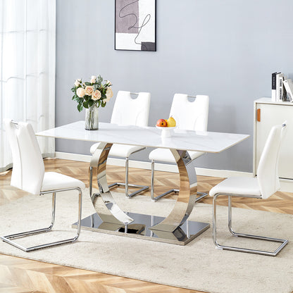 Table and chair set.63x31.5x30-inch Sintered Stone Dining Table - A Perfect Blend of Durability and Elegance.Paired with 4 Uniquely designed white dining chairs with Silver Metal Leg.