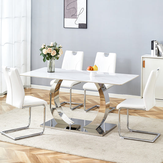 Table and chair set.63x31.5x30-inch Sintered Stone Dining Table - A Perfect Blend of Durability and Elegance.Paired with 4 Uniquely designed white dining chairs with Silver Metal Leg.