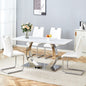 Table and chair set.63x31.5x30-inch Sintered Stone Dining Table - A Perfect Blend of Durability and Elegance.Paired with 4 Uniquely designed white dining chairs with Silver Metal Leg.