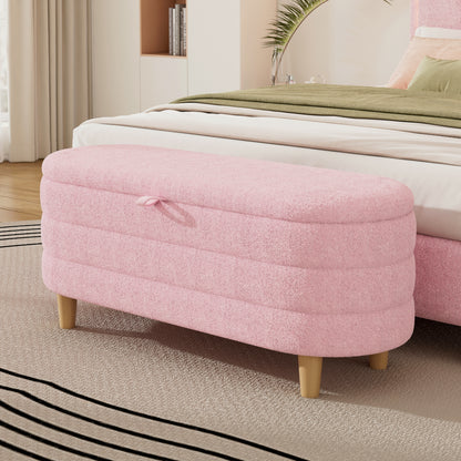 Elegant Upholstered Sherpa Fabric Storage Ottoman with Wood Legs, Storage Bench for Bedroom, Living Room, Pink