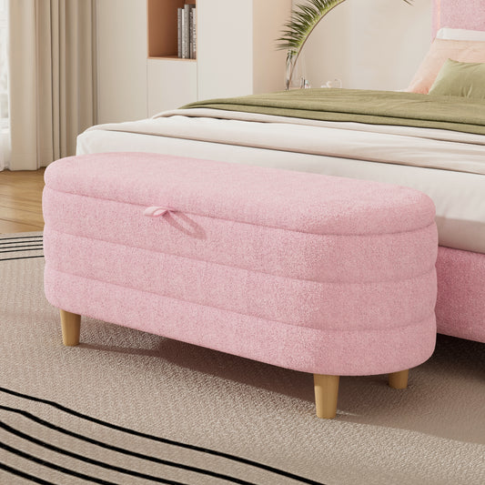 Elegant Upholstered Sherpa Fabric Storage Ottoman with Wood Legs, Storage Bench for Bedroom, Living Room, Pink