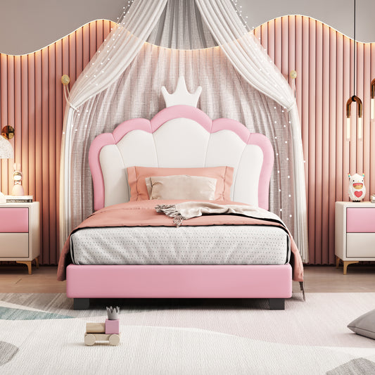 Twin size Upholstered Princess Bed With Crown Headboard,Twin Size Platform Bed with Headboard and Footboard,White+Pink(Old SKU:WF303336AAH)