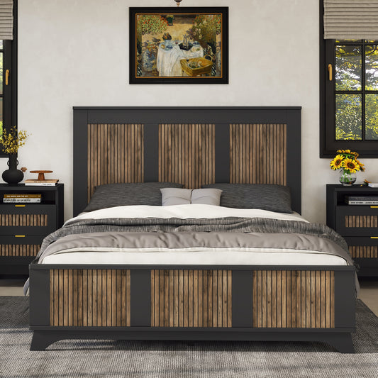 Farmhouse Wooden Platform Queen Size Bed, Modern Platform Bed with Wooden Strip Stickers Decoration, Plywood Slats Support, Black
