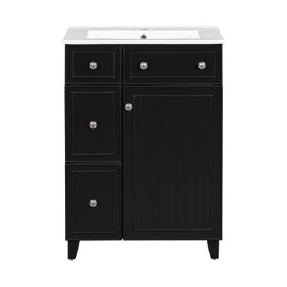 Transitional Bathroom Vanity Cabinet with Ceramic Sink, 24-Inch, Black, Solid Wood & MDF