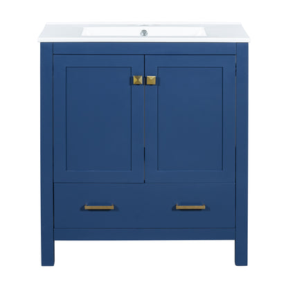 Transitional Blue Bathroom Vanity with Single Ceramic Sink and Solid Wood Frame, 30 Inches