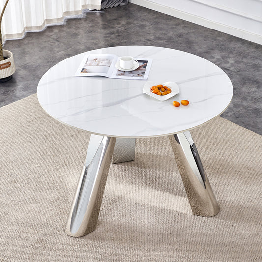 A 42-inch stainless steel leg round table with a marble top is suitable for use by four or six people