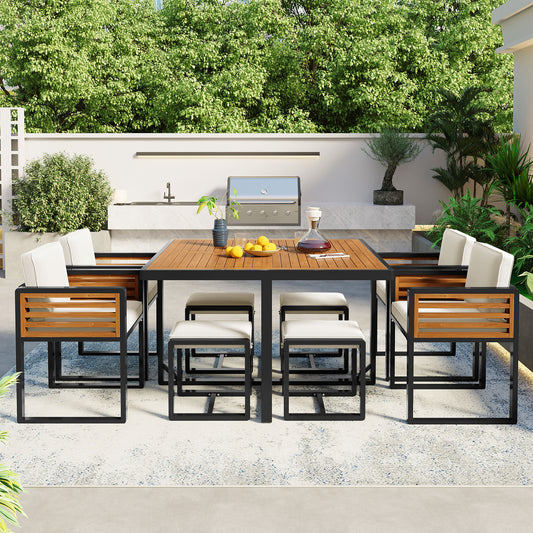 GO 9-Pieces Acacia Wood Patio Dining Set, Space Saving Outdoor Patio Set, 4 Cushioned Chairs & 4 Ottomans & 1 Square Table, for Backyard, Garden, Deck and Poolside, Beige