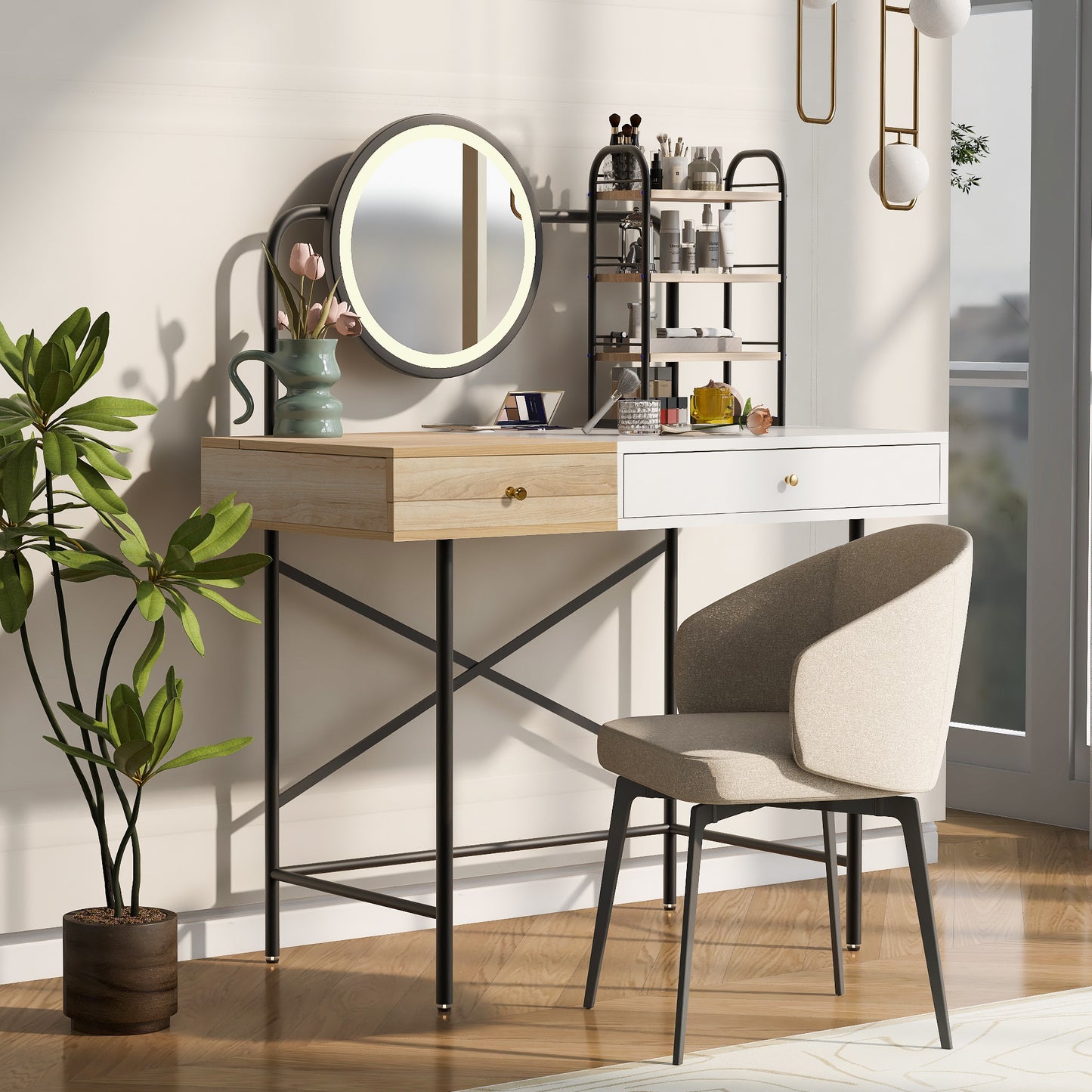 GO 40' Makeup Vanity Desk with 3-Mode Lighted Mirror & Wireless Charging Station , Vanity Table with Drawer & 3 Open Shelves for Ample Storage Space, Dressing Table for Bedroom, White