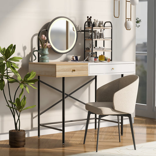 GO 40' Makeup Vanity Desk with 3-Mode Lighted Mirror & Wireless Charging Station , Vanity Table with Drawer & 3 Open Shelves for Ample Storage Space, Dressing Table for Bedroom, White