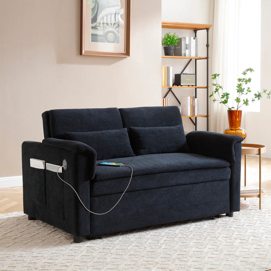 55' Velvet Two Seater Pull Out Sofa Bed, Adjustable Backrest With  USB Ports, Two Side Pockets, 3 in 1 Convertible Sleeper Sofa Bed, Modern Love Seat Lounge,2 waist pillows for living rooms BLACK