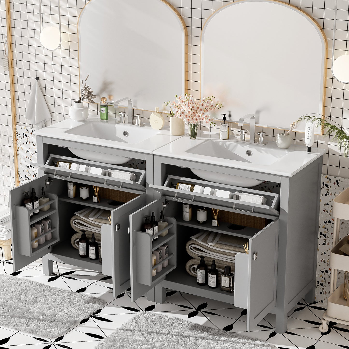 60' Modern Gray Bathroom Vanity Set with Double Vanities (Separate), Double Ceramic Sinks, Adjustable Shelf, Soft Close Doors and Flip Drawer– Modern Bathroom Solution for Spacious Bathrooms