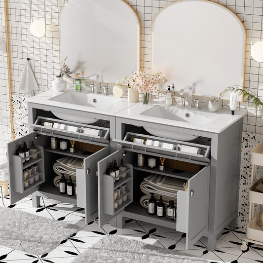 60' Modern Gray Bathroom Vanity Set with Double Vanities (Separate), Double Ceramic Sinks, Adjustable Shelf, Soft Close Doors and Flip Drawer– Modern Bathroom Solution for Spacious Bathrooms