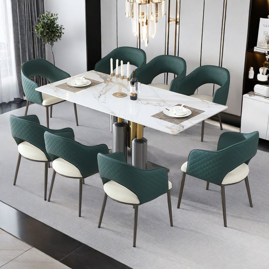 Modern Dining Table , White Dining Table Sintered Stone Dining Table Top with stainless steel base, 71 inch Modern Luxury White Rectangular Dining Table(8 chairs)