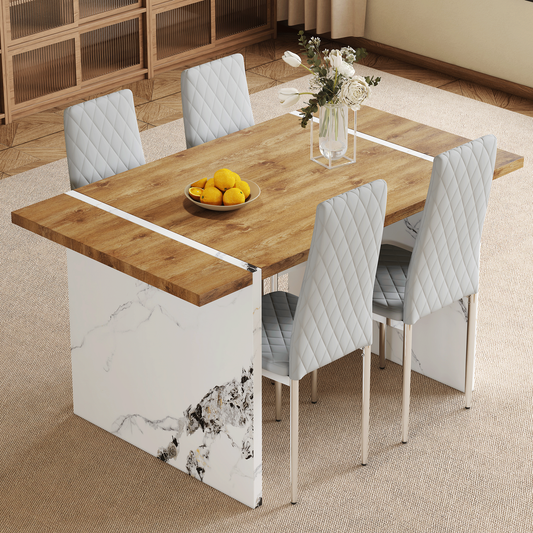 Table And Chair Set.Natural Wood Grain MDF Dining Table - 55'x31.5' Inch.Paired With 4 Modern Style Dining Chairs in Light Gray, Essential for Minimalist Homes.Blending into Various Home Environments.