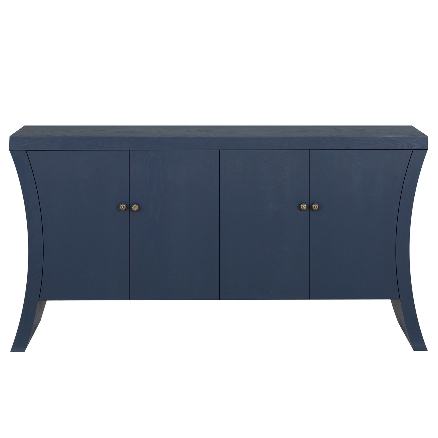 Refined Industrial 4-Door Credenza with Wooden Arc Legs & Bronze Clasps – Advanced Storage Design, Navy Blue
