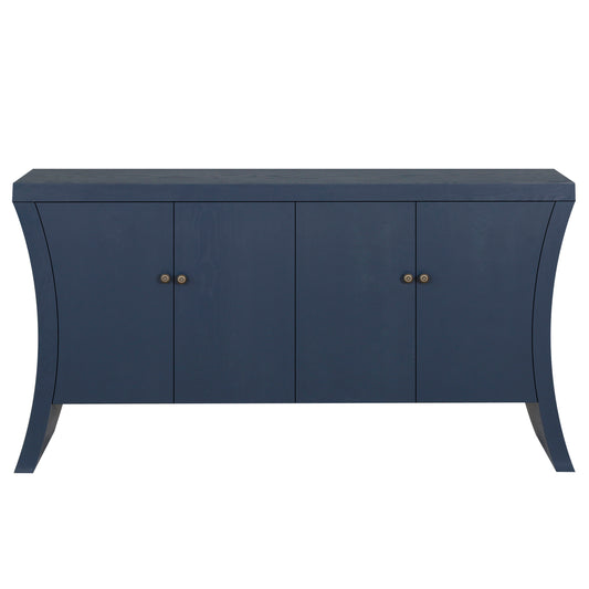 Refined Industrial 4-Door Credenza with Wooden Arc Legs & Bronze Clasps – Advanced Storage Design, Navy Blue