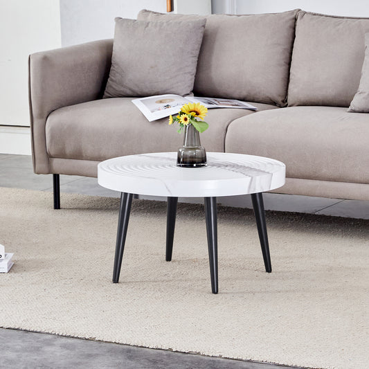 Elegant White Marble Pattern Round Coffee Table - Diameter 23.6 Inches, Exquisite Suction Molding Process,White Marble Pattern Design,Black Sprayed Metal Leg.