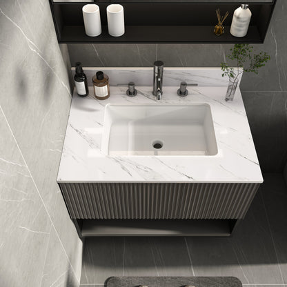 31 Inch Marble Vanity Top, White Vanity Top with Pre-drilled Faucet Holes, Bathroom Vanity Top with Undermount Rectangular Middle Sink and 4' Height Backsplash,  Bianco Carrara Venato