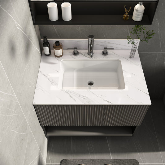 31 Inch Marble Vanity Top, White Vanity Top with Pre-drilled Faucet Holes, Bathroom Vanity Top with Undermount Rectangular Middle Sink and 4' Height Backsplash,  Bianco Carrara Venato