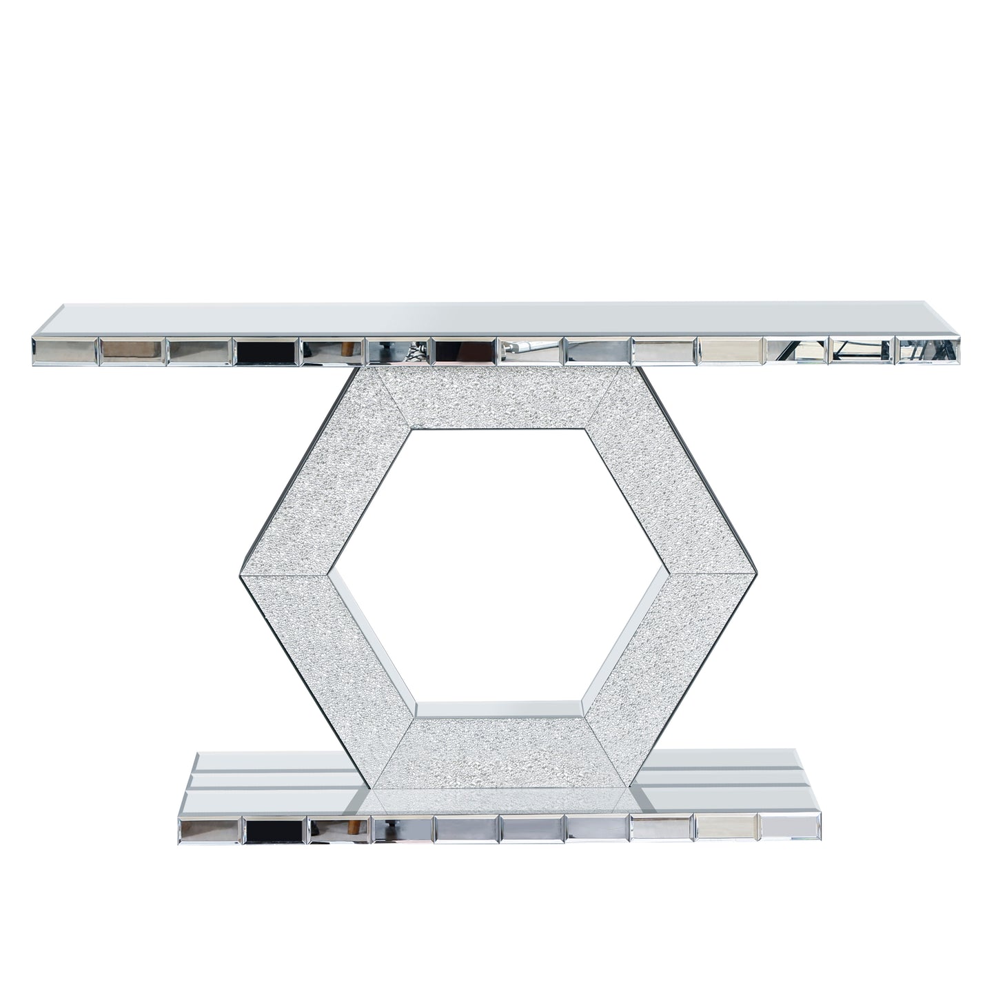 Sparkling Crystal Hexagon Mirror Entryway - Premium Modern Foyer Console Table with Diamond Glass Effects, Dual-Tier Luxury Sofa Table