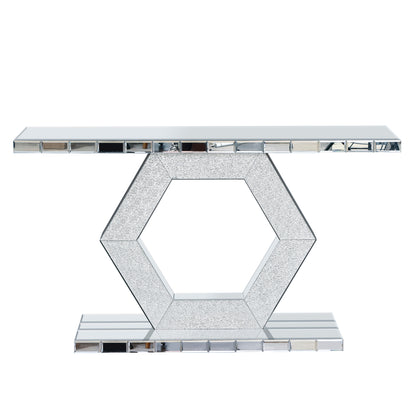 Sparkling Crystal Hexagon Mirror Entryway - Premium Modern Foyer Console Table with Diamond Glass Effects, Dual-Tier Luxury Sofa Table