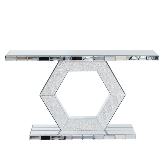 Sparkling Crystal Hexagon Mirror Entryway - Premium Modern Foyer Console Table with Diamond Glass Effects, Dual-Tier Luxury Sofa Table