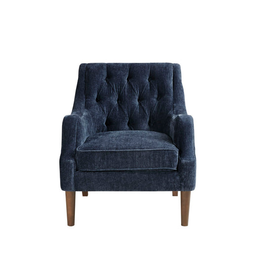 Button Tufted Accent Chair Vintage Style Navy Polyester Solid Wood Legs