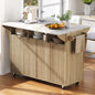 K&K 55.5' Fluted Kitchen Island with 2 Drop Leaf, Kitchen Storage Cart with Power Outlet, 4 Doors, Spice rack, Rolling Island Table with Faux Marble Top, Curved Edge for Kitchen, Dining Room,Natural