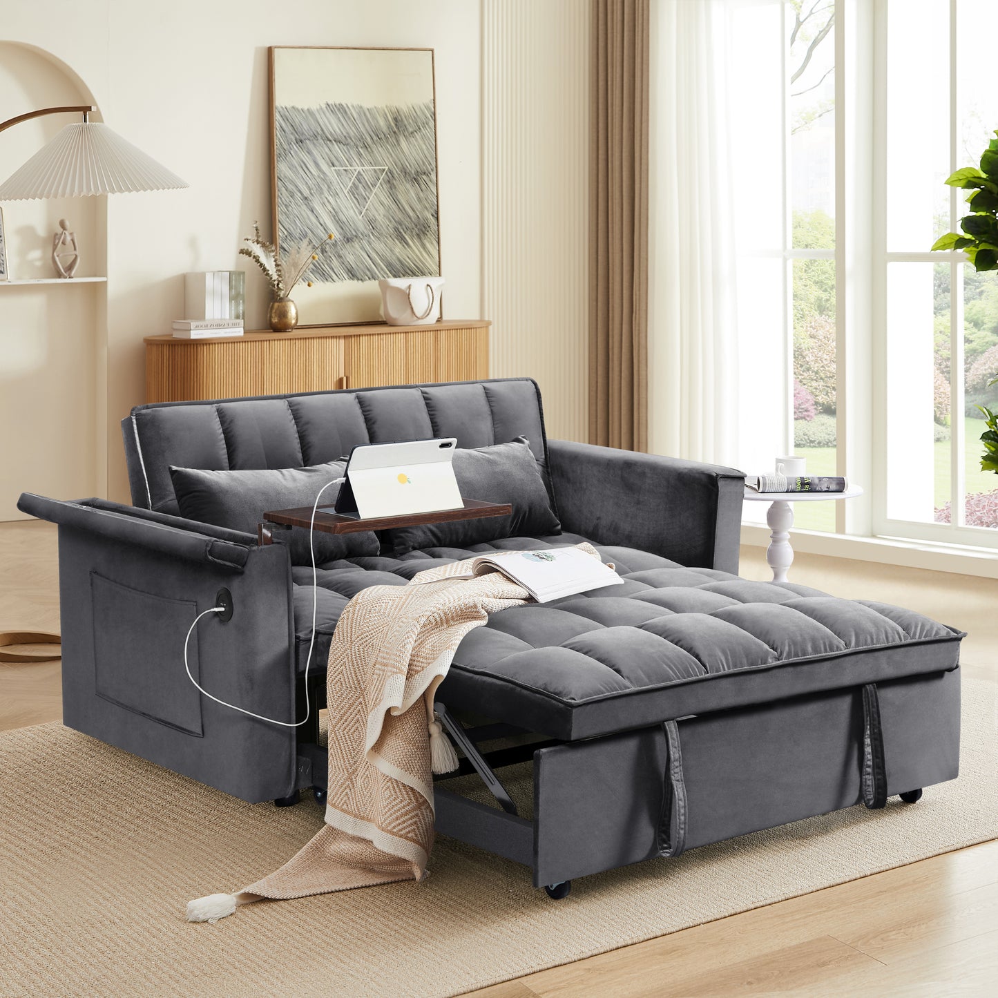 55.5 '3-in-1 foldable sofa bed, modern velvet double sofa, sofa bed with adjustable back, storage bag and pillow, hidden living room laptop desk with USB port, suitable for living room, bedr(dark grey