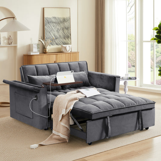 55.5 '3-in-1 foldable sofa bed, modern velvet double sofa, sofa bed with adjustable back, storage bag and pillow, hidden living room laptop desk with USB port, suitable for living room, bedr(dark grey