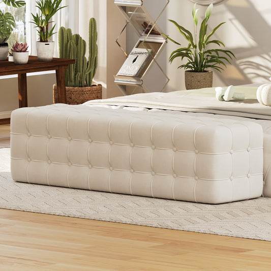 All Covered Velvet Upholstered Ottoman, Rectangular Footstool, Bedroom Footstool, No Assembly Required, Elegant and Luxurious, White