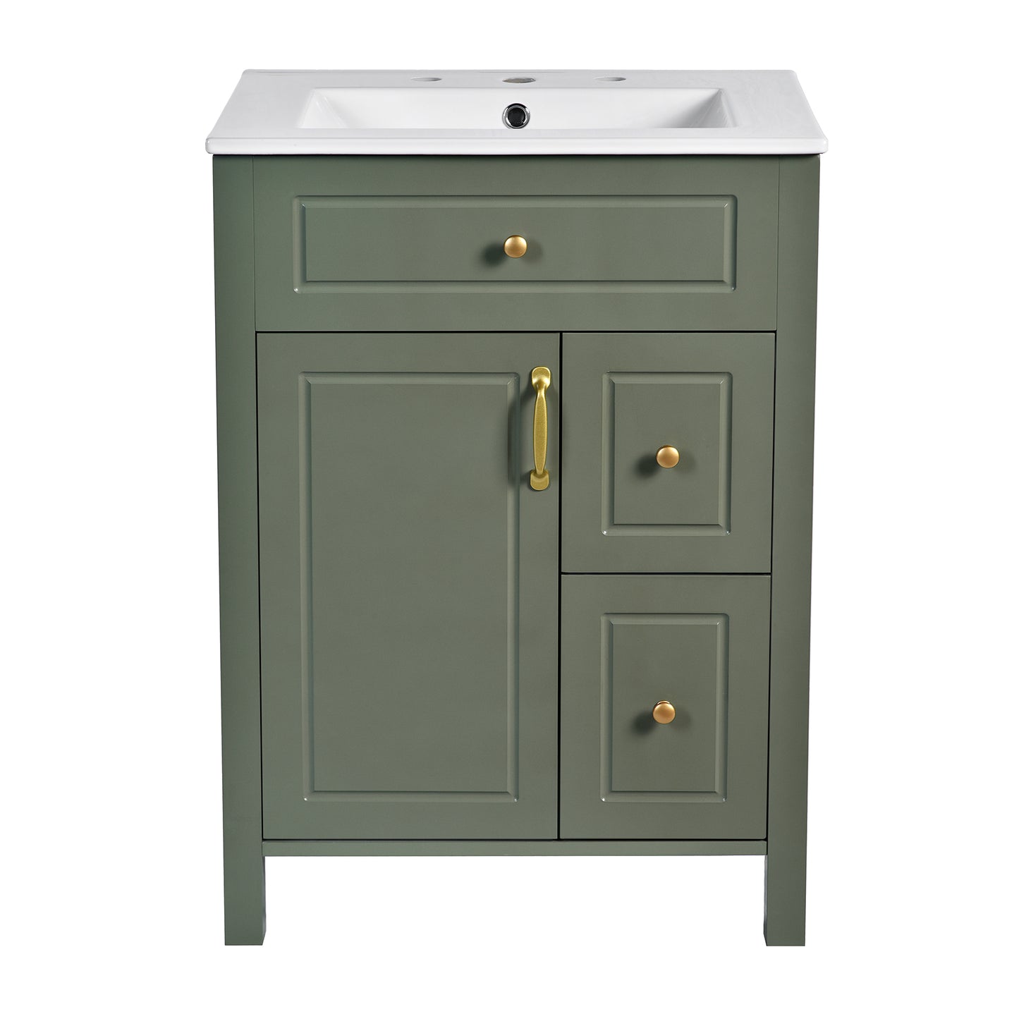 Elegant Bathroom Vanity with Ceramic Sink, Soft Close Storage, and Golden Accents in Solid Wood and MDF, 24-Inch