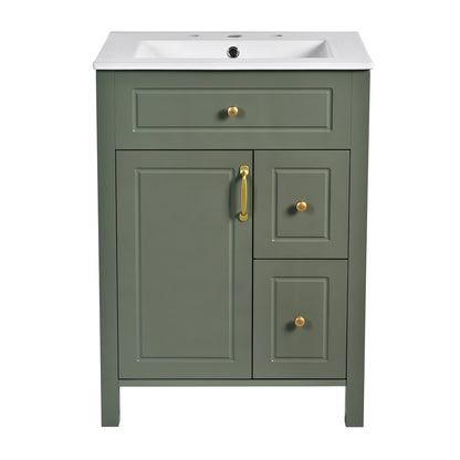 Elegant Bathroom Vanity with Ceramic Sink, Soft Close Storage, and Golden Accents in Solid Wood and MDF, 24-Inch