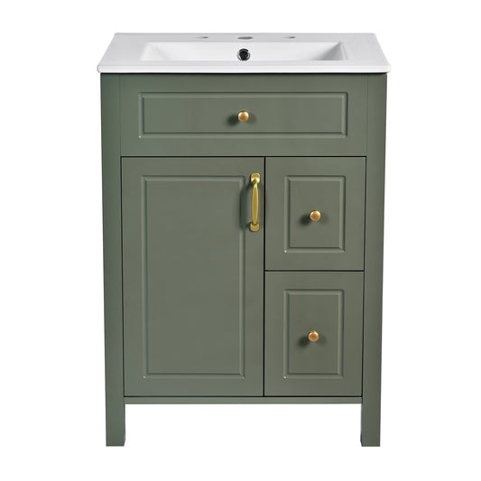 Elegant Bathroom Vanity with Ceramic Sink, Soft Close Storage, and Golden Accents in Solid Wood and MDF, 24-Inch