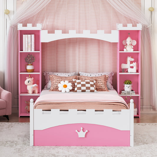Castle-Shaped Wooden Bed with Storage Shelf, Dreamy Twin Size Platform Bed for Kids Bedroom, Pink+ White(Expected Arrival Time:8.14)