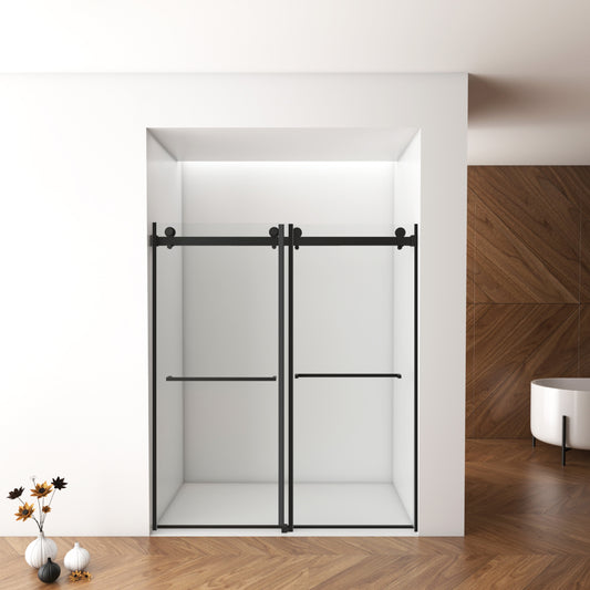 56'-60'W x 70'H Frameless Shower Door, Double Sliding Shower Door, 5/16'(8mm) Laminated Glass Premium Tempered Glass Shower Enclosure,Double Side Easy Clean Coat,Matte Black Finished With Buffer