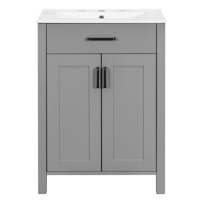 Modern 48-Inch Bathroom Vanity with Ceramic Sink, Soft-Close Doors, Flip Drawer, Double-Layer Door Shelves, Grey Solid Wood+MDF Frame, 48'W x 18.3'D x 34'H