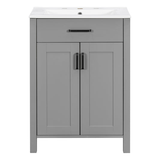 Modern 48-Inch Bathroom Vanity with Ceramic Sink, Soft-Close Doors, Flip Drawer, Double-Layer Door Shelves, Grey Solid Wood+MDF Frame, 48'W x 18.3'D x 34'H