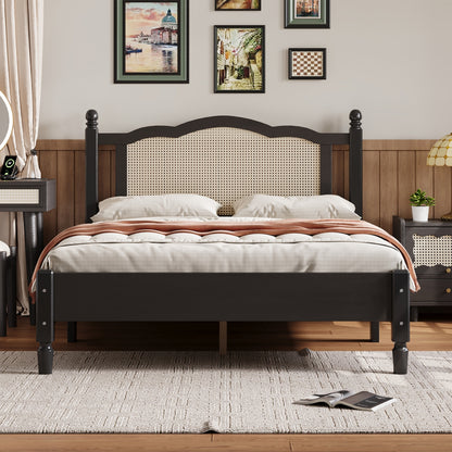 Full Size Wooden Platform Bed with Natural Rattan Headboard, Vintage Bed Frame with Wooden Slat Support, Black